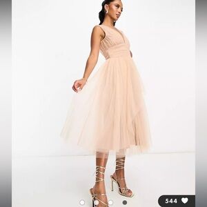 NWT ASOS Beauut Petite Bridal midi tulle dress in taupe brown